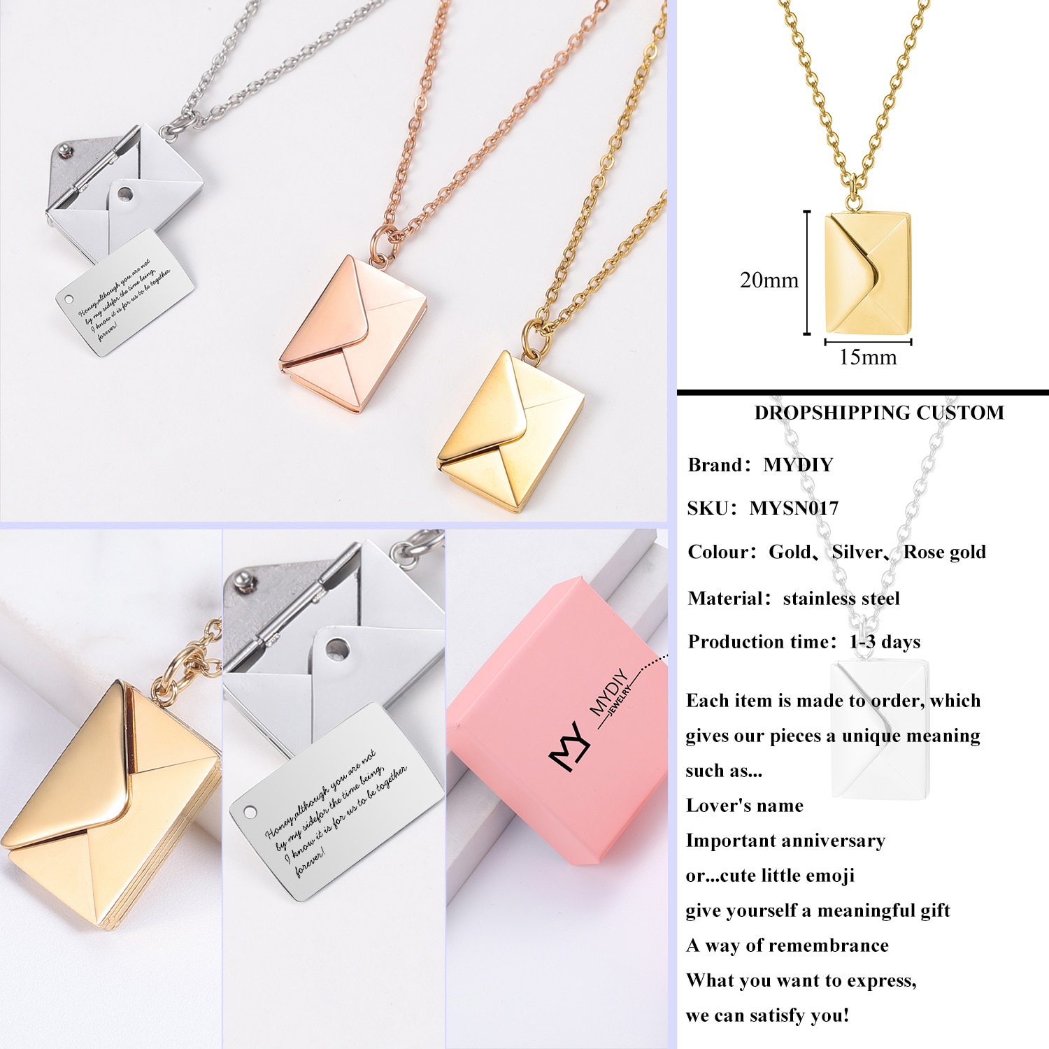 Love Letter Envelope Pendant Necklace Stainless Steel Jewelry Confession Love you for Valentine day Mother day Christmas Gift