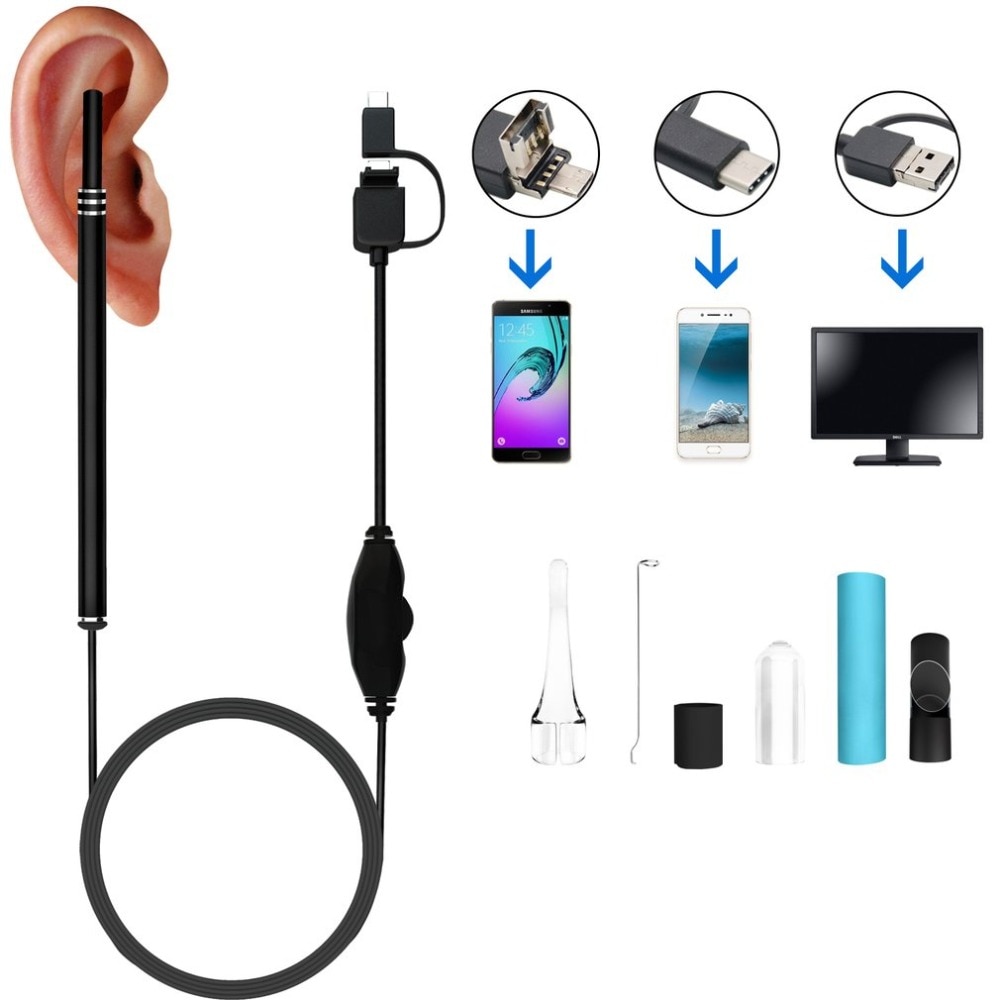 Medical In Ear Cleaning Endoscope Spoon Mini Camera Ear Picker Ear Wax Removal Visual Ear Mouth Nose Otoscope Support Android PC