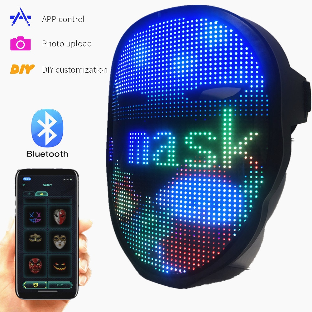 Bluetooth Rgb Led Lights Up Party Mask Diy Picture Editing Animation Text Love Prank Concert Mask, Built-in Battery Led Display