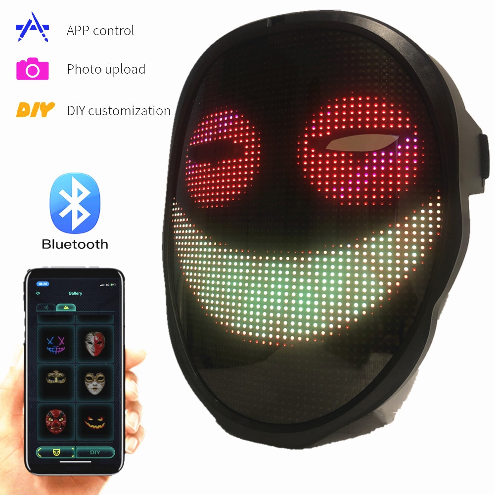 Bluetooth Rgb Led Lights Up Party Mask Diy Picture Editing Animation Text Love Prank Concert Mask, Built-in Battery Led Display
