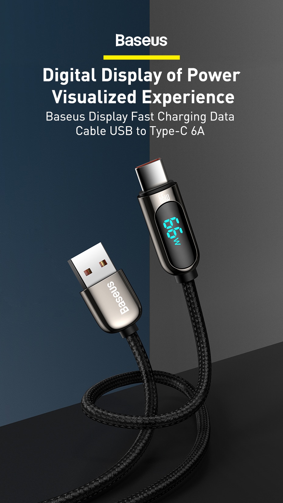 USB Cable 6A Fast Charging 66W Charger Wire Cord For Huawei P40 LED Data USB C Phone Cable For Xiaomi Mi 10 Samsung S2