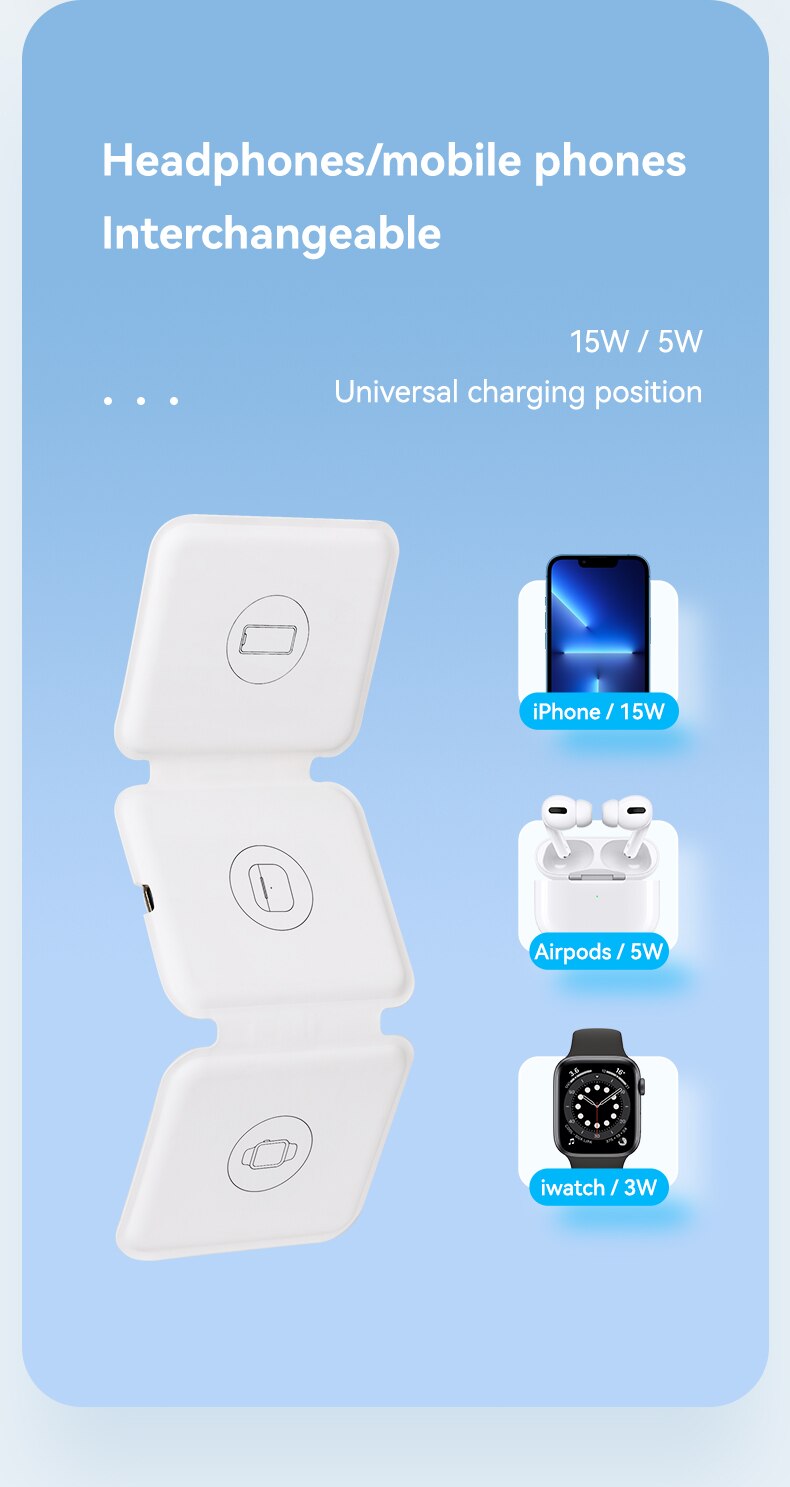 Folding Magnetic 3-in-1 Wireless Charger 15W Foldable Charging Station for iPhone iWatch AirPods 2/Pro for Samsung Xiaomi Huawei
