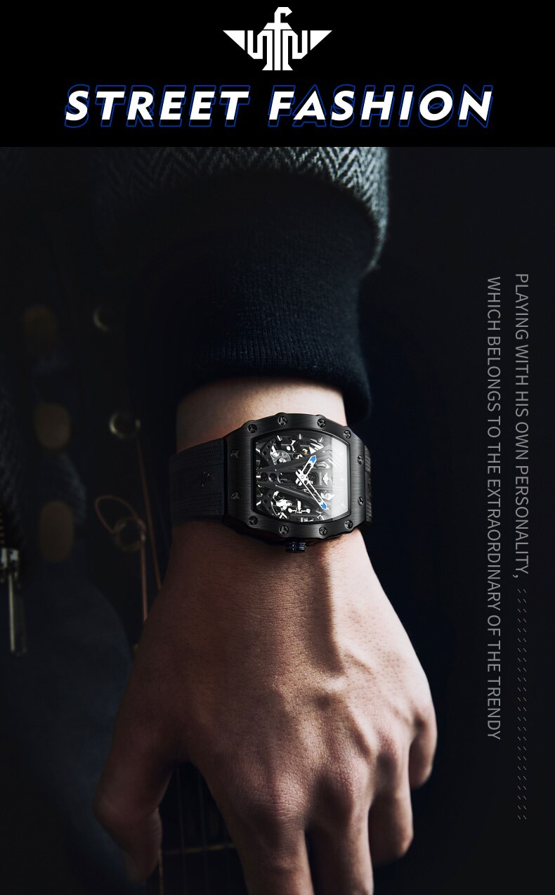 OUPINKE Mens Watches Luxury Brand Automatic Mechanical Wristwatch Fashion Skeleton Silicone Strap Sports Waterproof  Watch Men