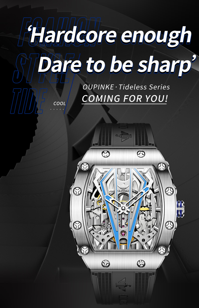 OUPINKE Mens Watches Luxury Brand Automatic Mechanical Wristwatch Fashion Skeleton Silicone Strap Sports Waterproof  Watch Men