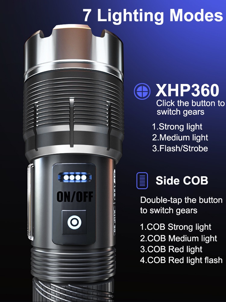 Super Brightest XHP360 Led Flashlight Rechargeable Torch Usb Powerful Tactical Flash Light Hunting Lantern Waterproof Hand Lamp